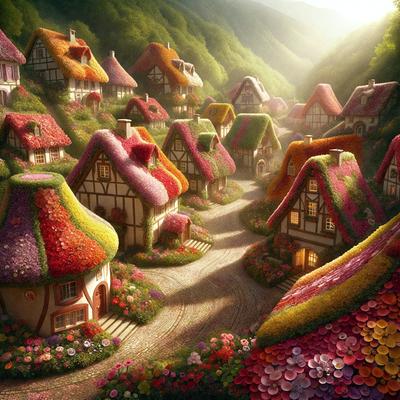 The primary subject of the image is a colorful village with houses and flowers. The setting is a picturesque countryside with a mountainous background. The visual style is a combination of photo and digital art, creating a vibrant and lively atmosphere. The colors and mood are predominantly bright and cheerful, with the village and flowers adding a sense of warmth and happiness to the scene.